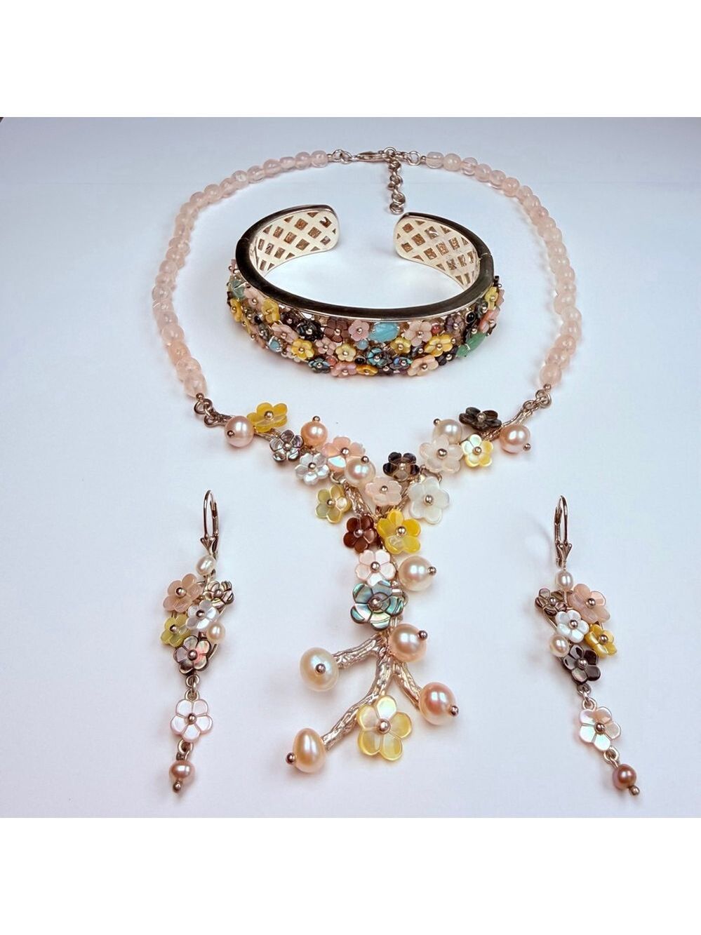 Whitney Kelly Rose Quartz MOP Pearl Mosaic Flower Sterling Silver 925 Necklace - Picture 11 of 12